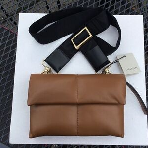 All Saints Brown Leather Shoulder Bag with Black Strap